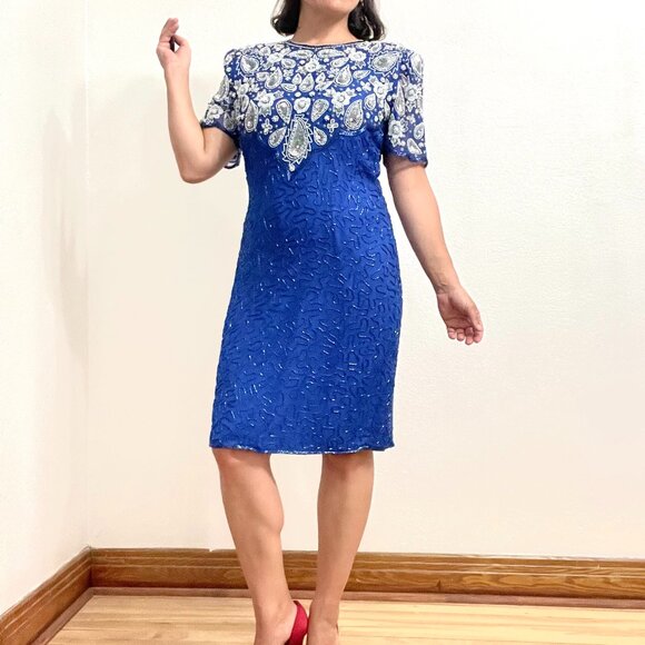 Vintage 80s Laurence Kazar 100% silk royal blue sequin/ beaded mini dress - Picture 7 of 8